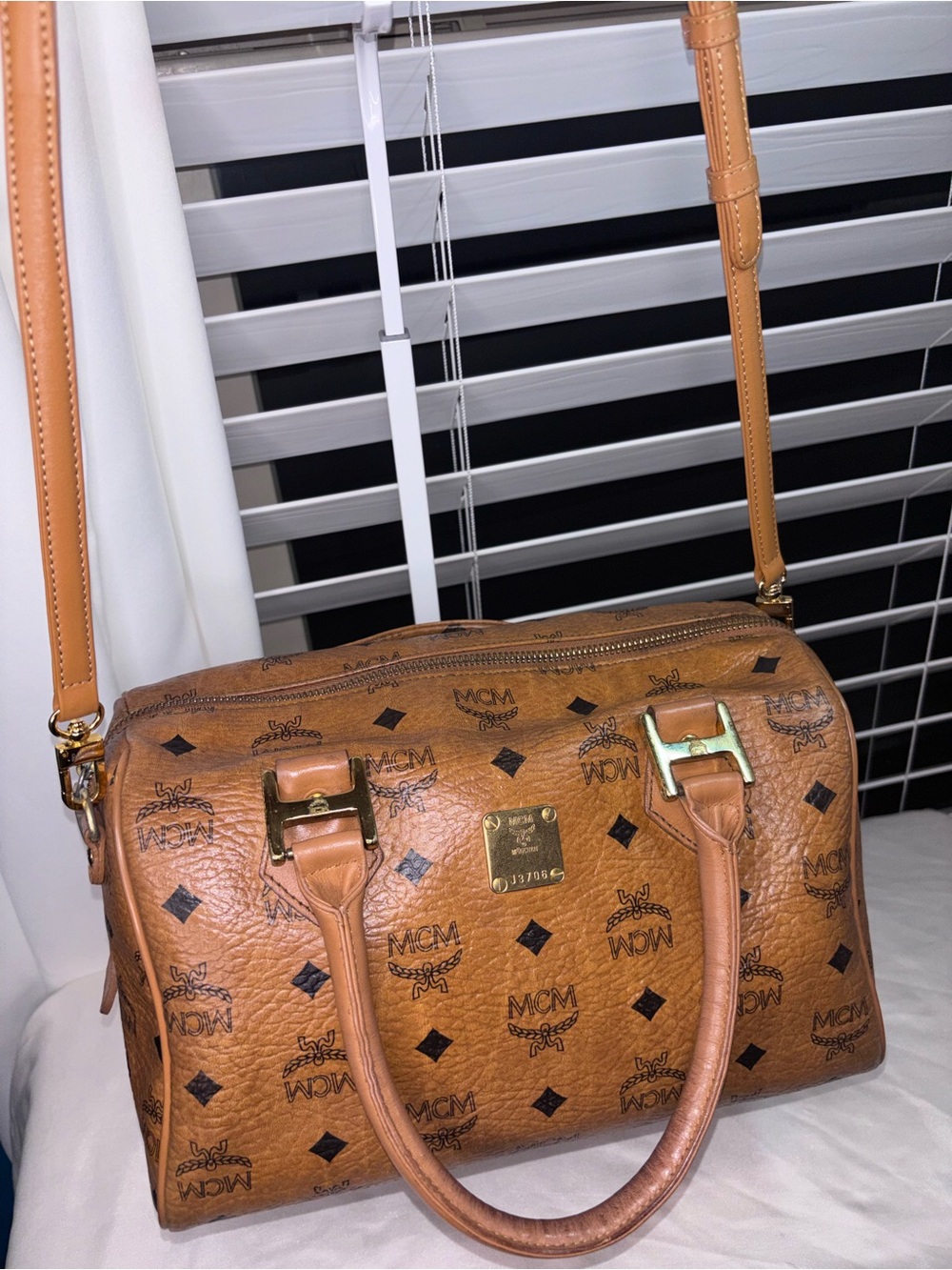 Vintage MCM Cognac Visetos Boston Bag Satchel with Shoulder Strap